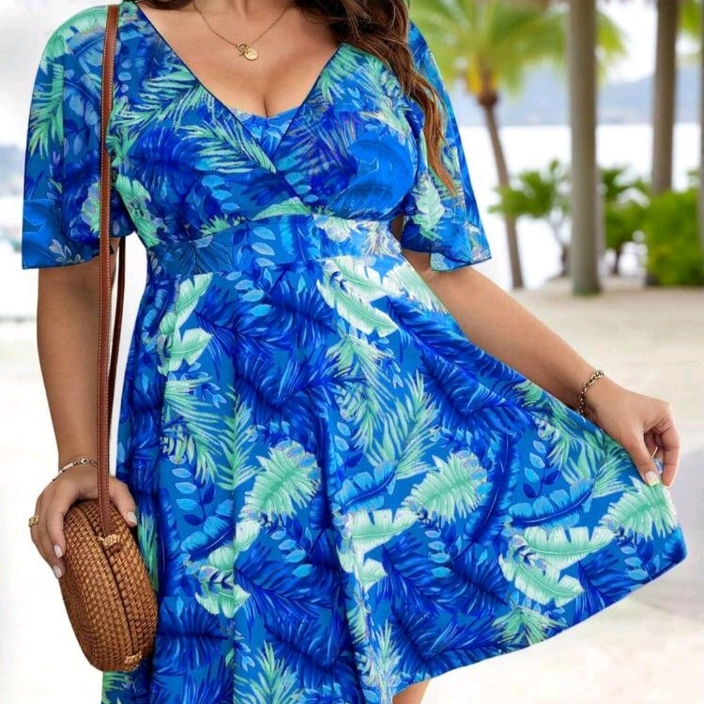 Blue & Teal Tropical Print Swim Cover-Up Dress